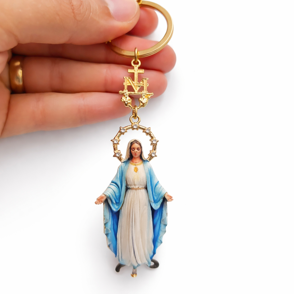 Chaveiro Nossa Senhora das Graças Medalha Milagrosa 13cm Metal Dourado Religioso Presente Catolico
