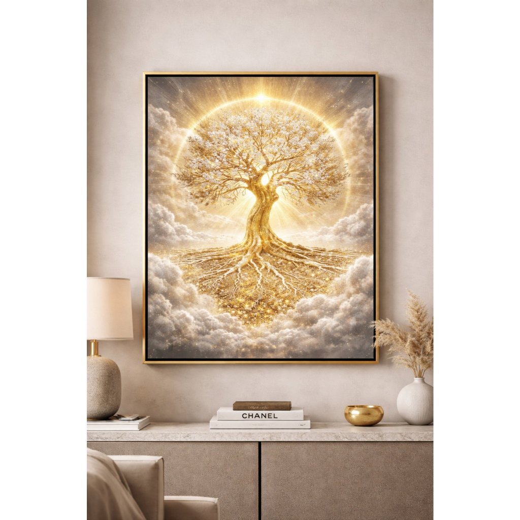 Imagem Quadro Árvore da Vida Iluminada Dourada – Arte Espiritual Decorativa Premium