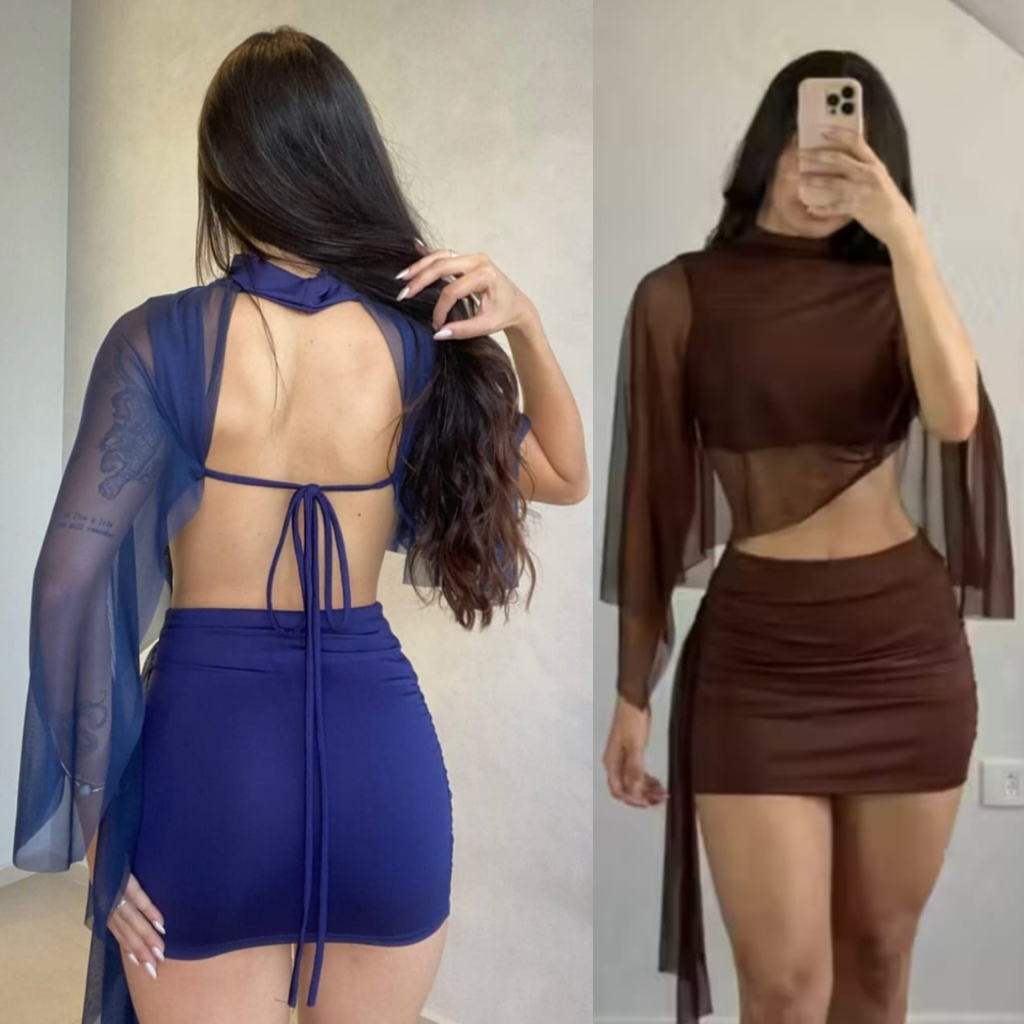 conjunto feminino vestido cropped e saia curta lançamento Verão Elegante Sexy em Oferta na Shopee