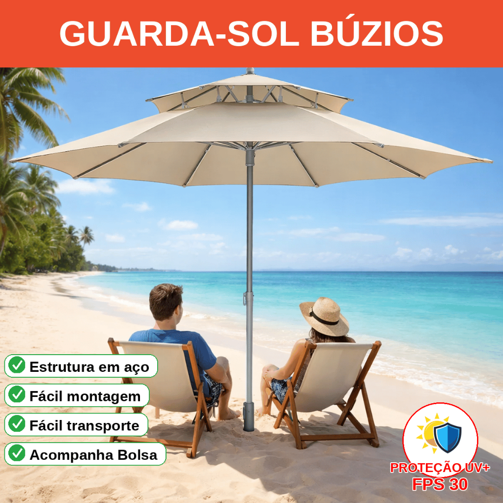 Guarda Sol Grande Gigante Buzios Chalesco 2.4m Praia Piscina FPS30 Aço Montagem Rápida Fácil Transporte