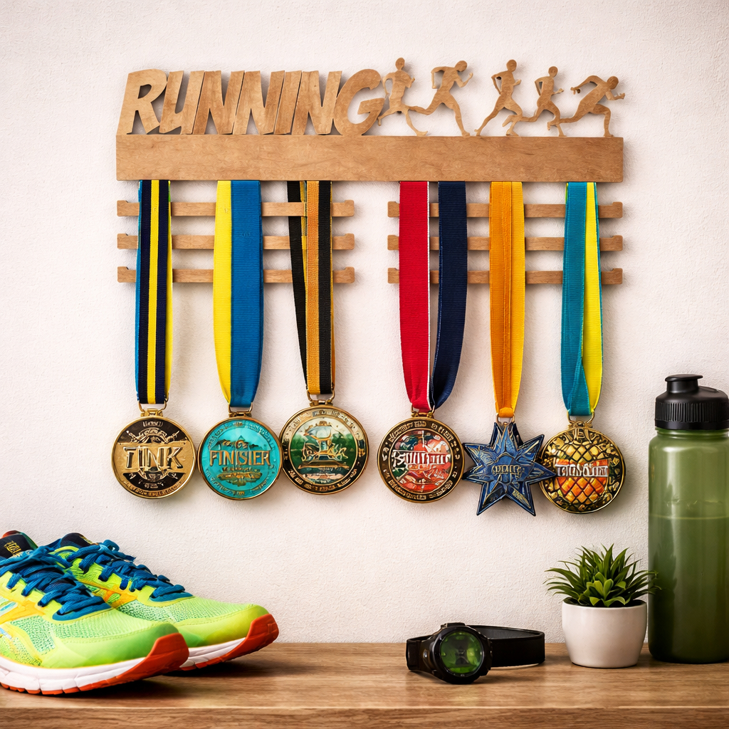 Suporte Porta Medalhas Corrida Running Em Mdf Crú Decoração