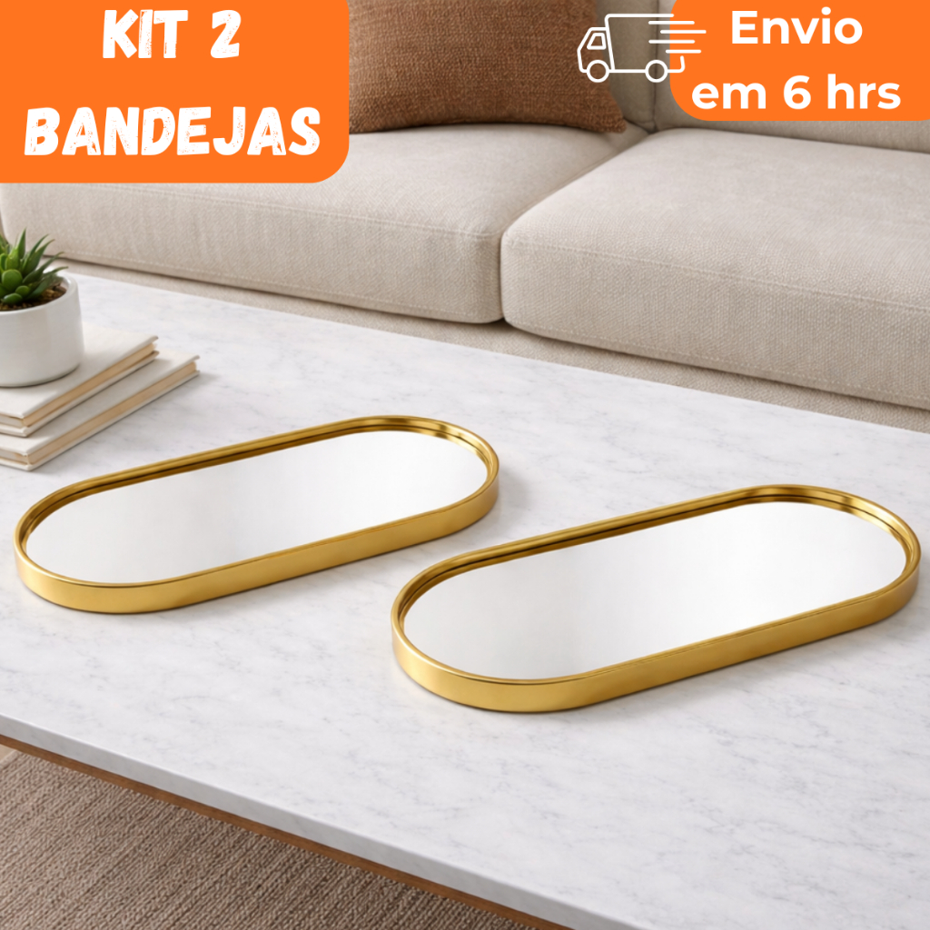 KIT 2 Bandejas Espelhadas Decorativas Sala Lavabo Banheiro Decoração Luxo Dourada Preta Multiuso Porta Maquiagem