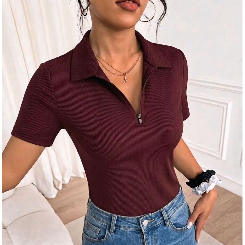 Blusa Feminina Gola Polo Com Zíper Ribana Canelada Premium Elegante Casual Estilosa