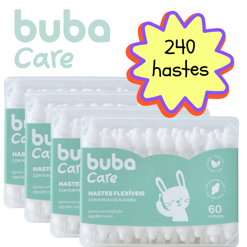 Kit Cotonetes Hastes Flexíveis com Ponta de Algodão Para Bebês 120 180 ou 240 Hastes - Buba