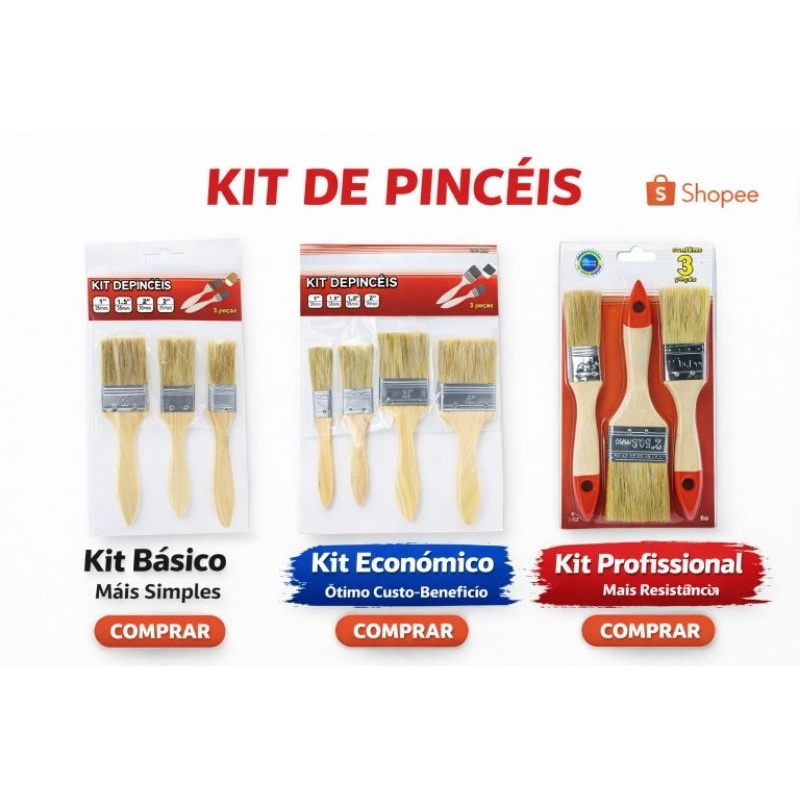 Kit Pincéis Pintura, 3 ou 5 Peças – Multiuso Profissional Madeira Resistente