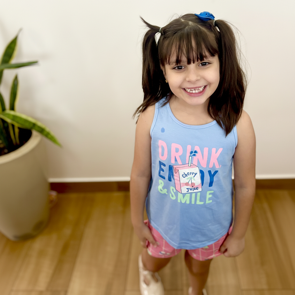 Conjunto Infantil “Cherry Juice” – Regata Estampada + Shorts Rosa – Malwee Kids