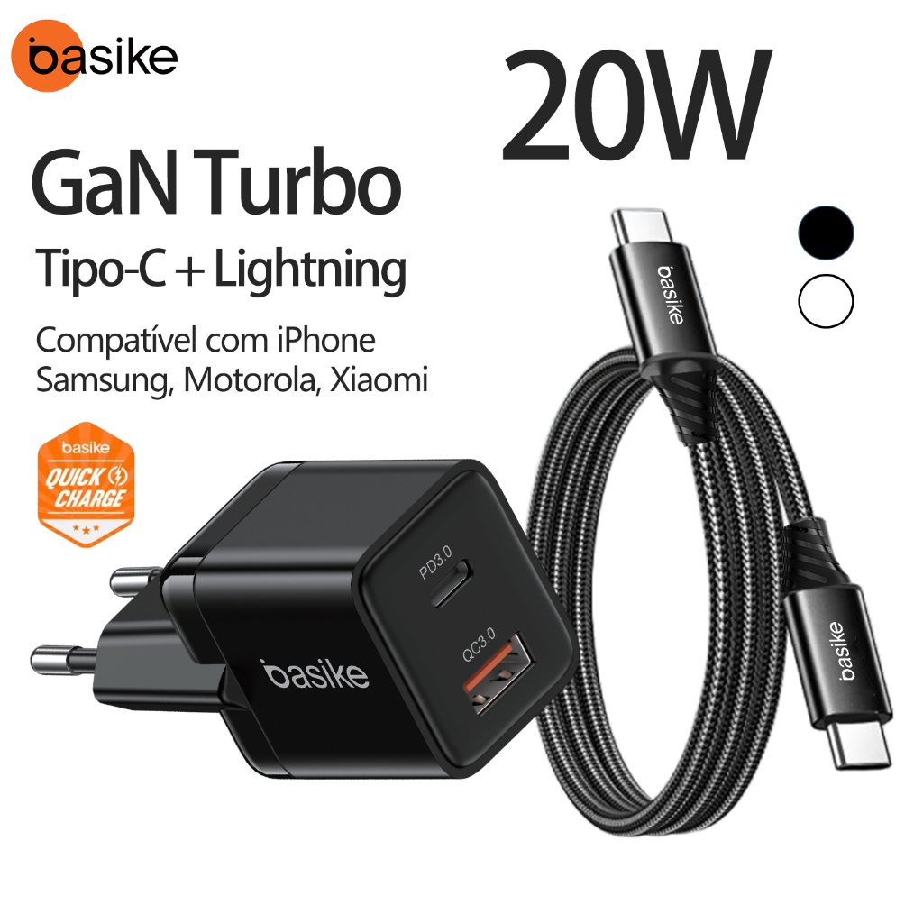 Basike Carregador GaN 20W Turbo Dual USB-C + USB-A Fonte Rápida Para iPhone Lightning e Android Seguro Design Compacto