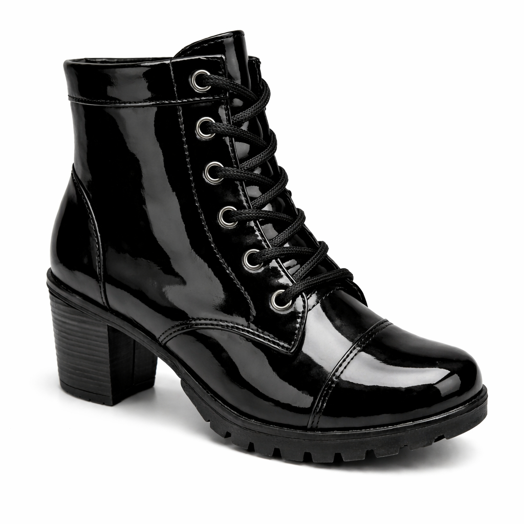 Detalhes do Bota Coturno Feminina Zamarini Preto Cano Curto Salto Grosso Tratorada Moda Casual