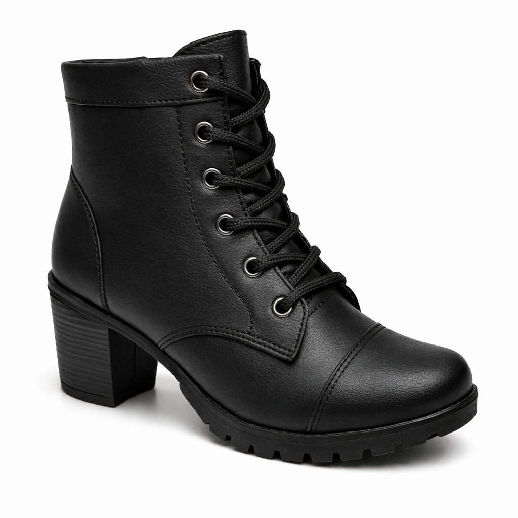 Bota Coturno Feminina Zamarini Preto Cano Curto Salto Grosso Tratorada Moda Casual