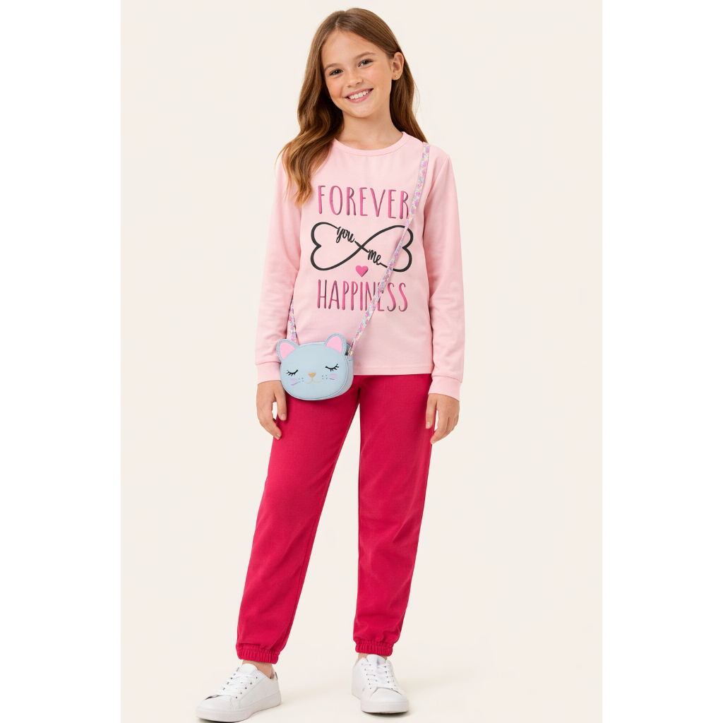Conjunto com Blusa em Meia Malha Feminina e Calça de Moletom Peluciado - Tam 1 ao 16 anos.
