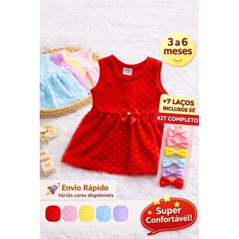 Vestido Bebê 3 a 6 Meses + 7 Laços Kit Completo Infantil Menina Várias Cores