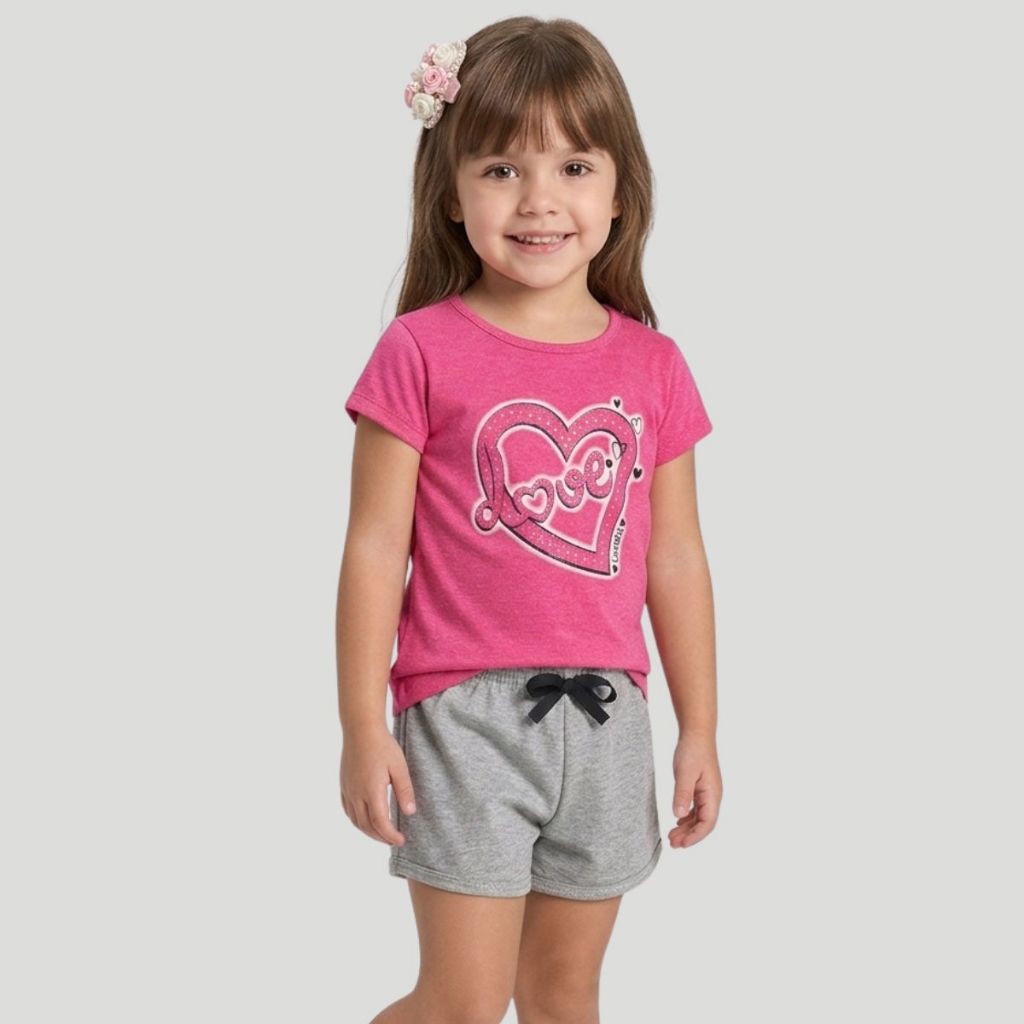 Conjunto Infantil Menina Verão Blusa Shorts Coração Algodão Roupa Leve Conforto Moda Kids