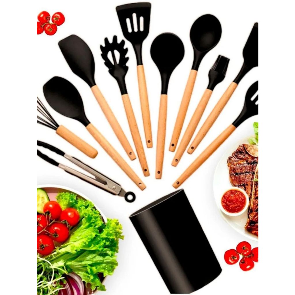 Kit Utensílios De Cozinha 11 Peças Silicone Cabo de Madeira De Bambu Antiaderente Colher Espátula Concha Fouet Pincel