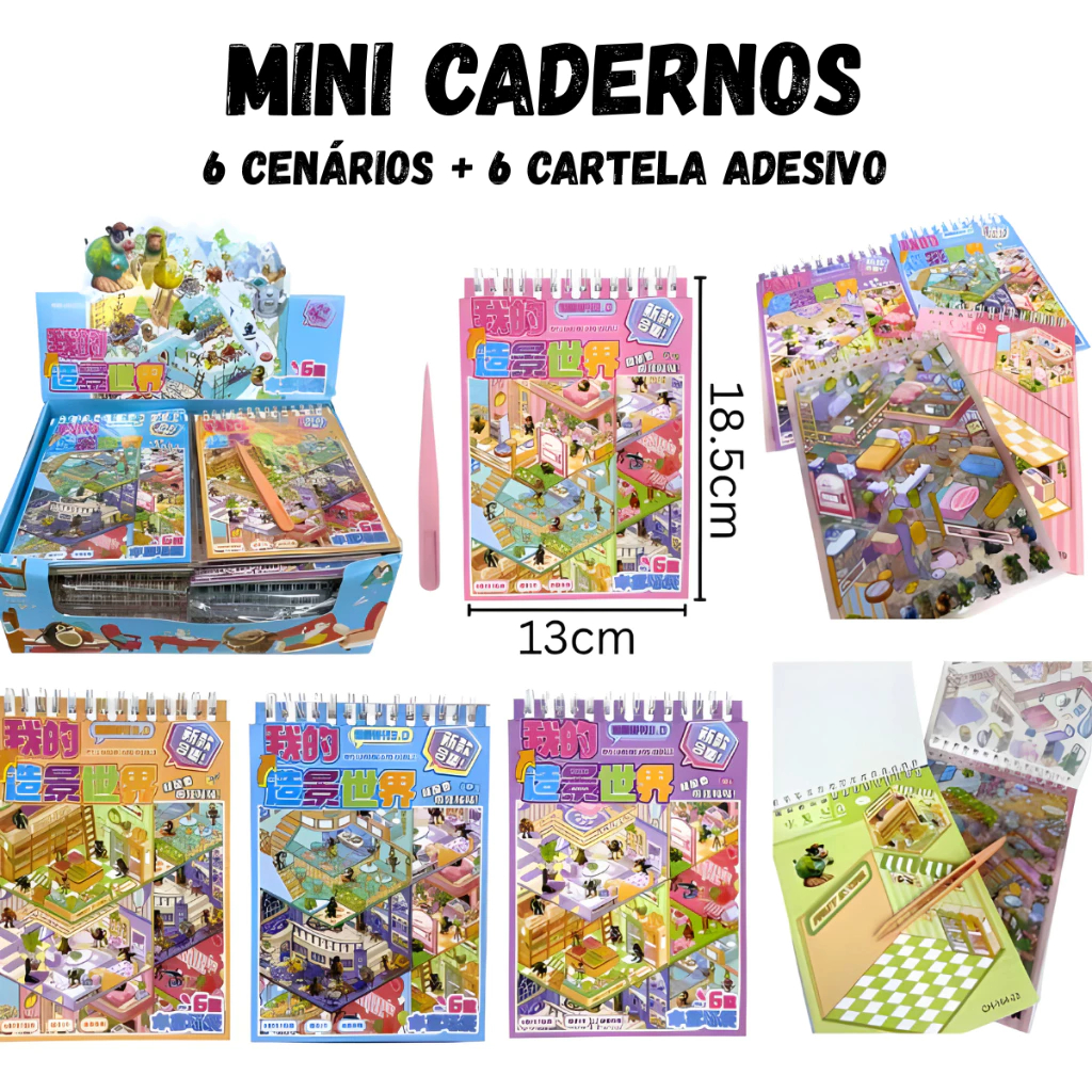 Caderno Adesivos 3d Cenários para montagem + Pinça -6 Cenarios e 6 folhas de adesivo livro interativo para Montar e Deco
