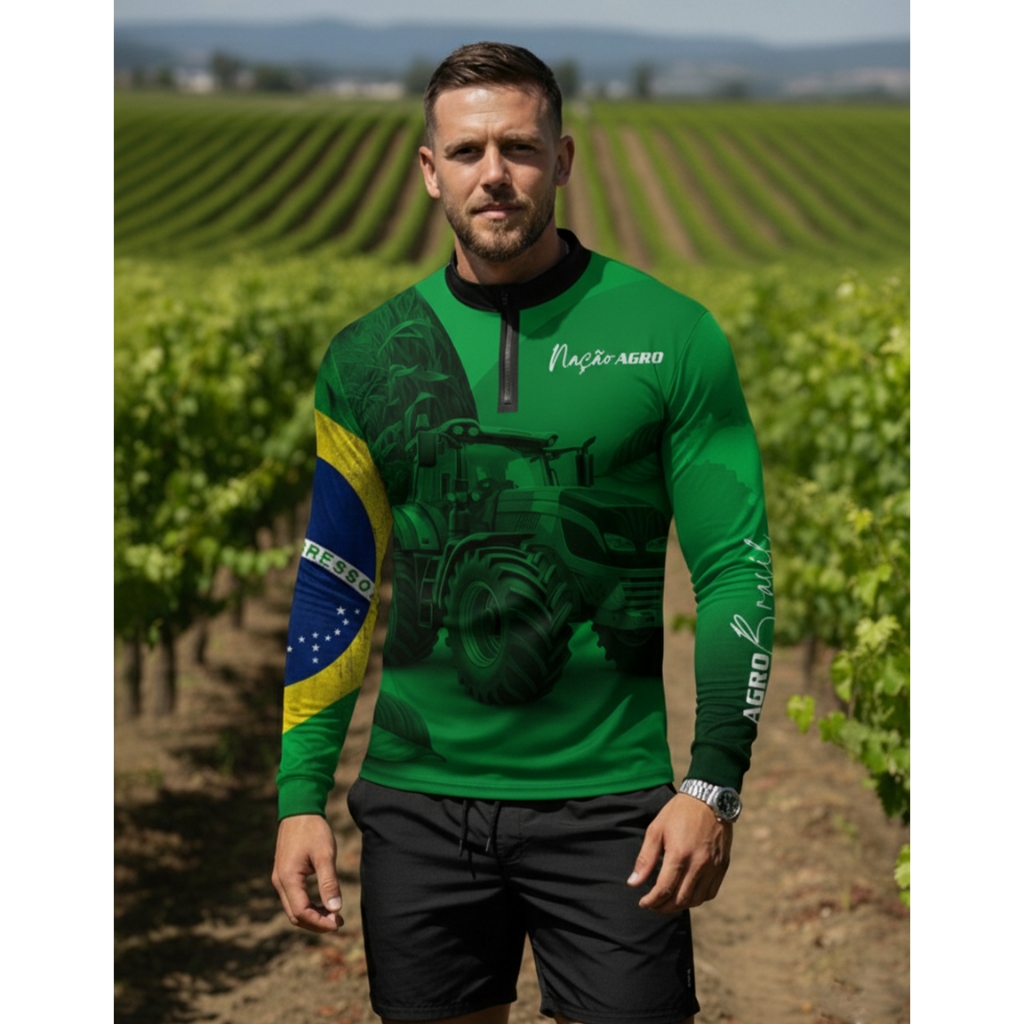Camisa Camiseta Agro Masculina Trator NaçãoAgro Agricultura DryAdvanced Manga longa Proteção Uv50+