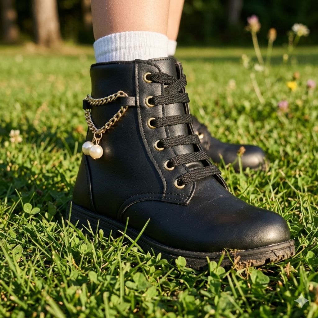 Coturno Bota Infantil Menina Corrente Pérola Tratorado Botinha em Oferta na Shopee