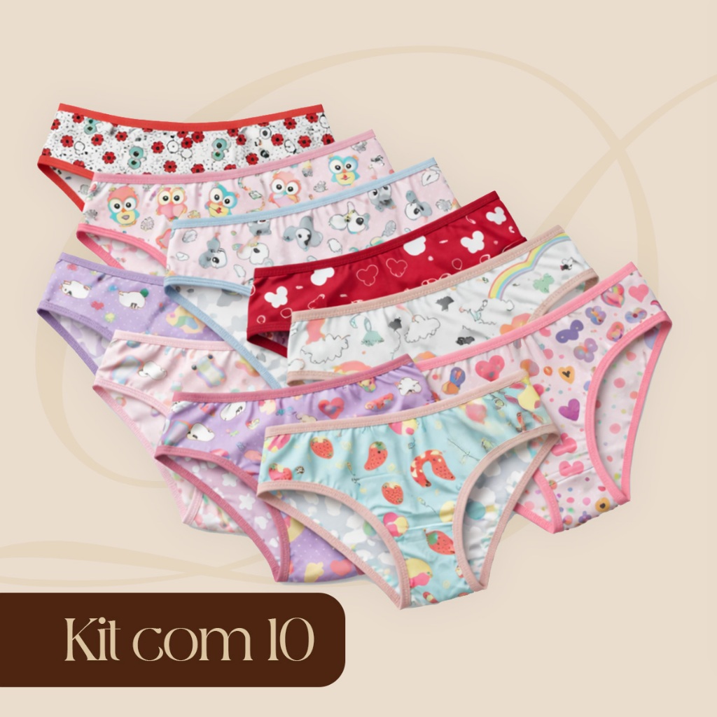 Kit 10 Calcinhas Infantil Feminina Tecido Premium Microfibra Forro de Algodão Estampada Confortável