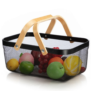 Cesto plástico Organizador Para Frutas Telado Retangular  Fruteira de plastico Com Alça De Madeira multiuso