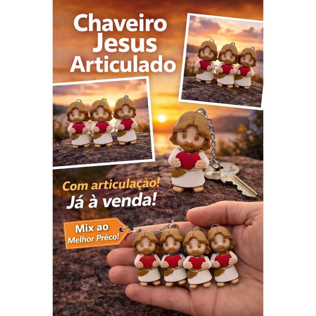 Kit Chaveiro Articulado de Jesus Sagrado Coração – Impressão 3D | Lembrancinha Religiosa Batizado /Presente Cristão