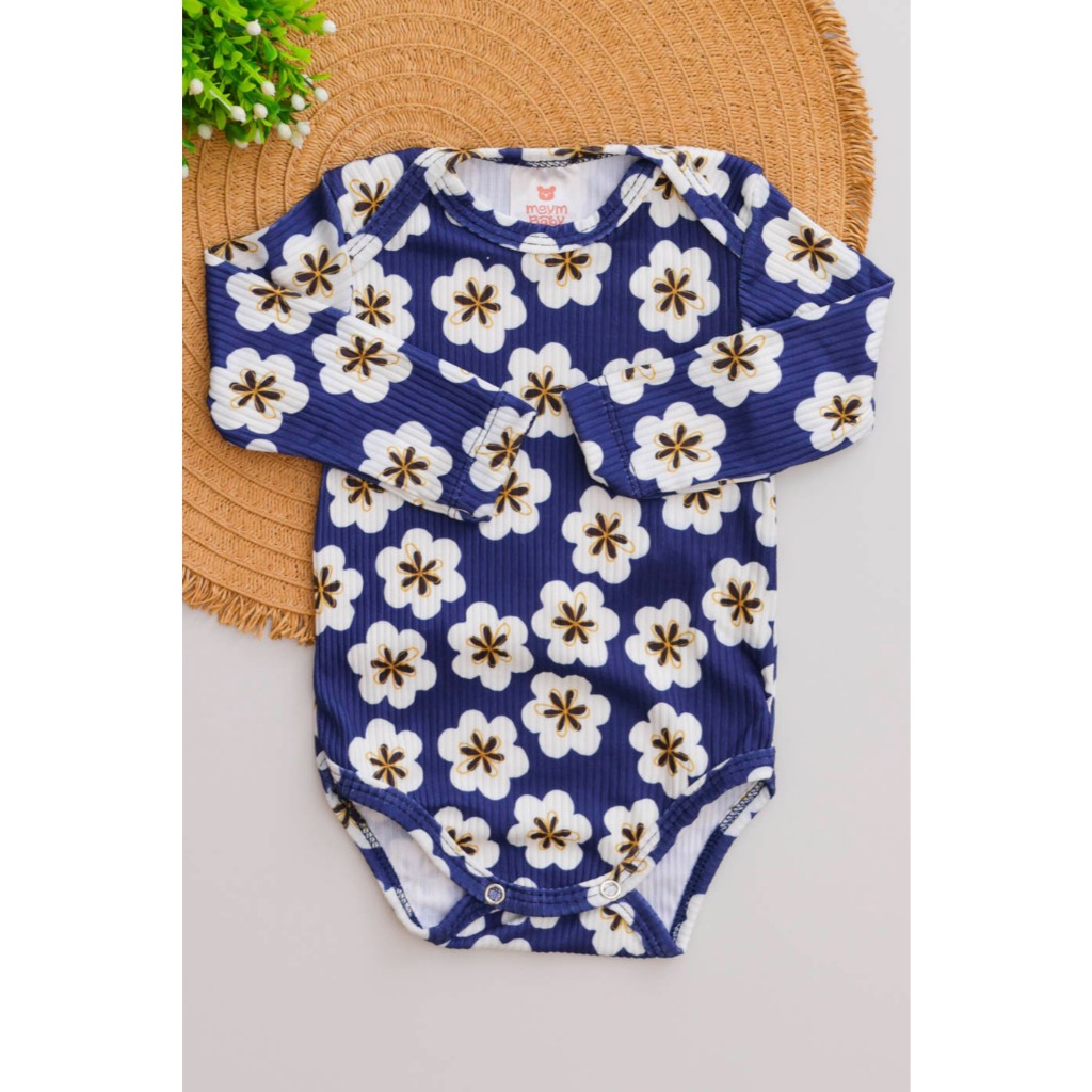 Body Bebê Longo Canelado Infantil Menina Azul com Estampa de Flores