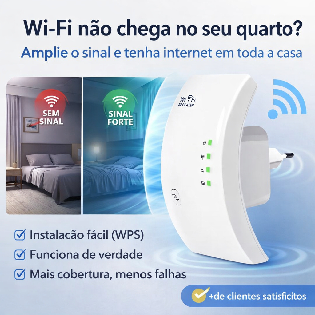 Repetidor WiFi 300Mbps Bivolt Amplificador Sinal 2.4GHz WPS Extensor Internet Fácil
