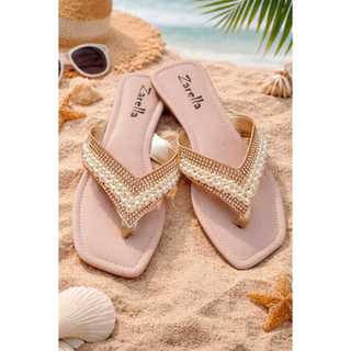 Sandália rasteira Feminina Artesanal ouro light pérolas strass chinelo lançamento Promoção ZARELLA