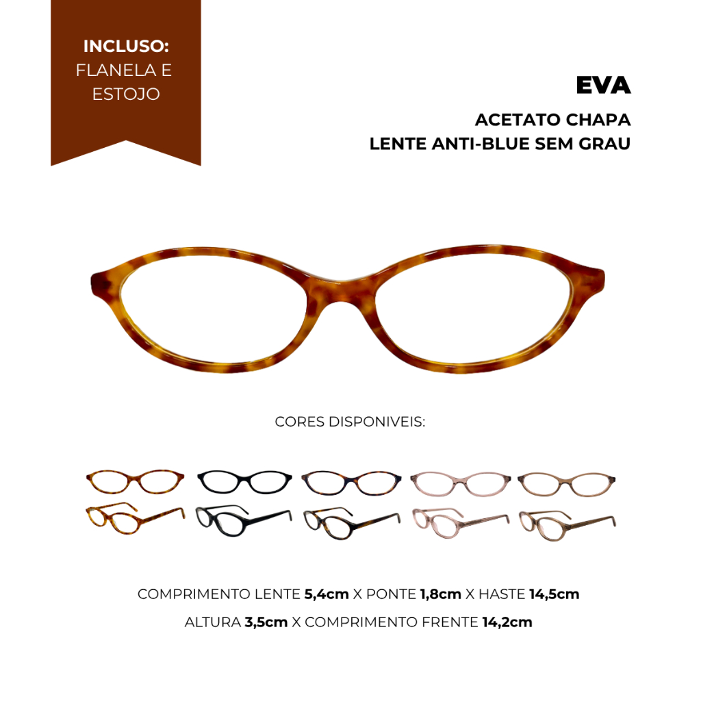 Armação para Óculos Femininos com Proteção Contra Luz Azul Acetato Eva