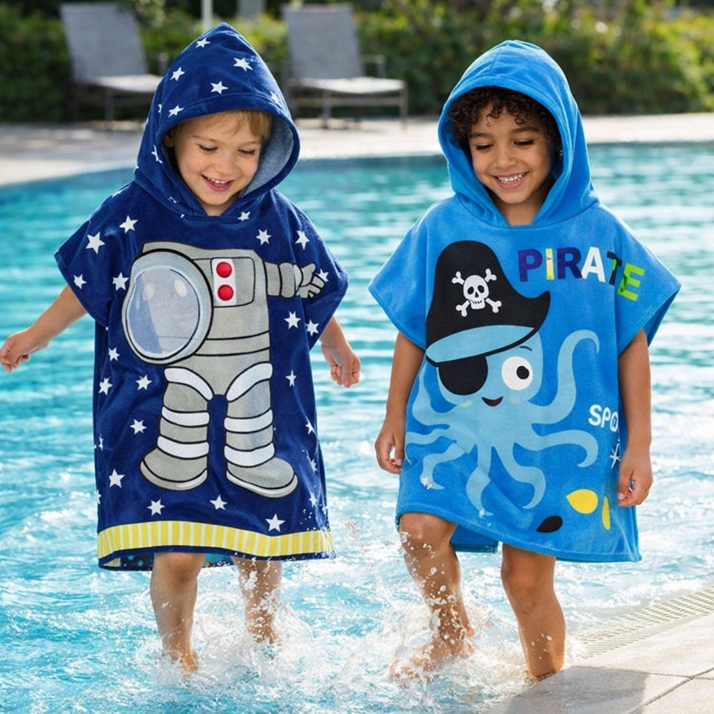 Roupão Infantil Toalha Banho Para Piscina Praia Natação Com Capuz  - Tubarão Polvo Panda Astronauta
