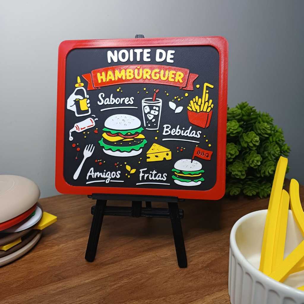 Placa Decorativa "Noite do Hambúrguer" 3D - Área Gourmet, Cozinha, Churrasco, Fast Food