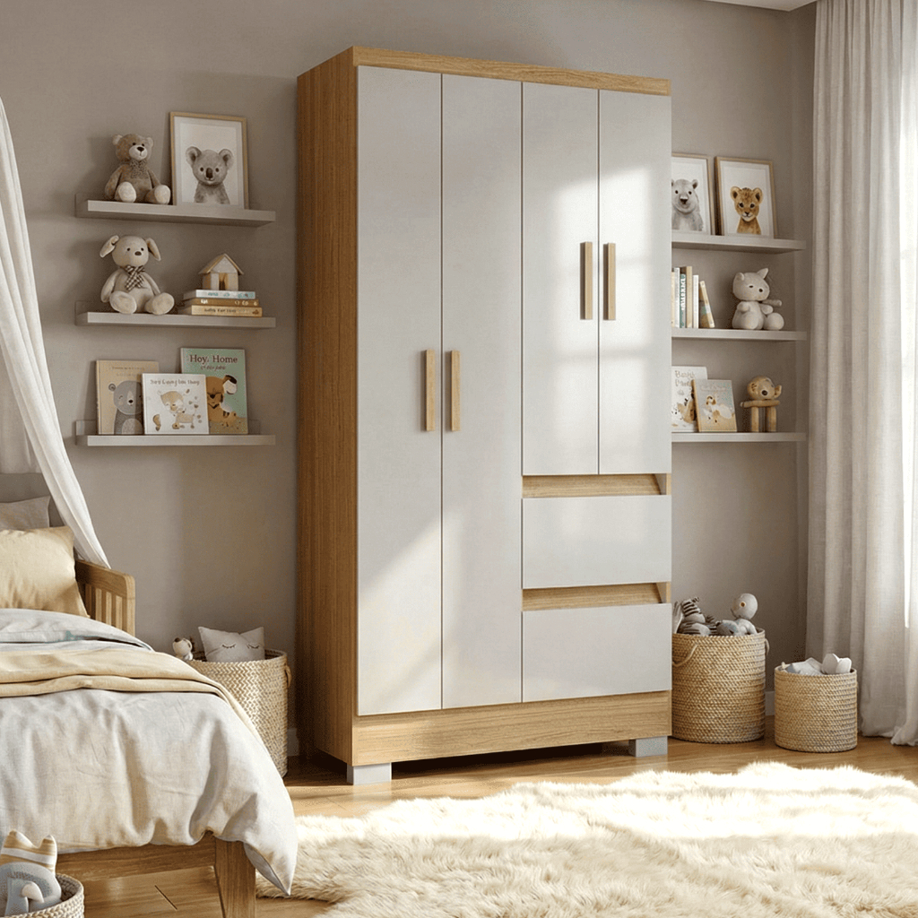 Guarda Roupa Infantil Bianca Poquema 4 Portas Damasco Off-White