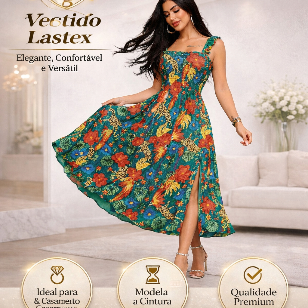 Vestido Longo estampado farm Lastex Feminino Soltinho Moda Casual Elegante Evangélica Festa Casamento