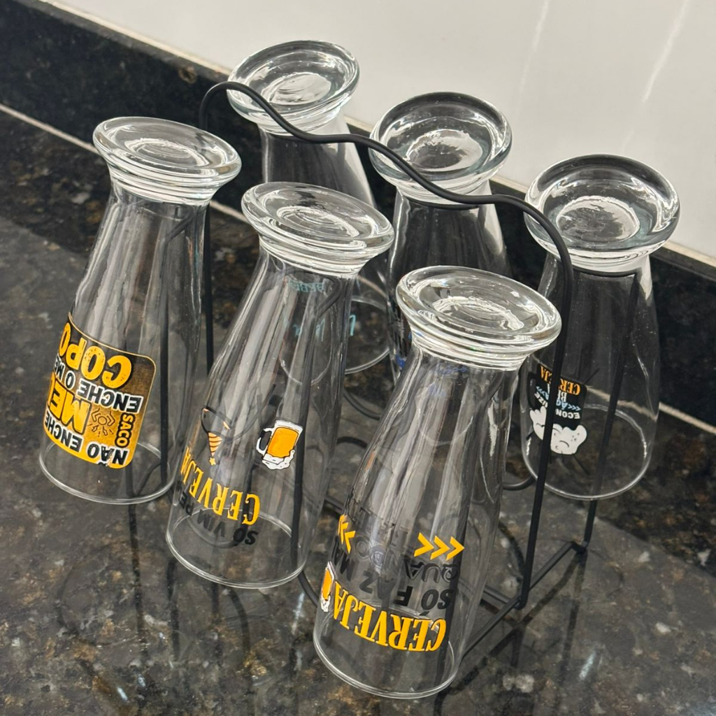 Kit 6 Copos de Vidro 200ml para Cervejas Bebidas + Suporte Arthi Preto — imagem 2 de 2