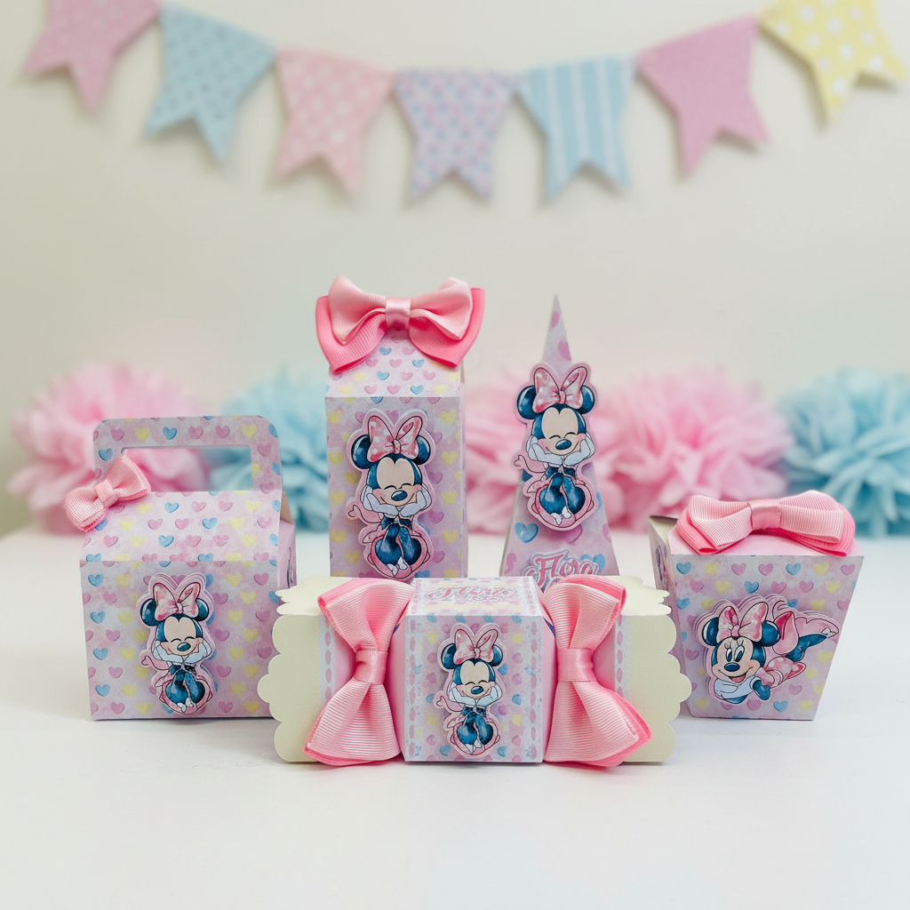 Kit Festa Minnie Aquarelada PEGUE E MONTE - caixinhas personalizadas -  Lembrancinha de Aniversário Infantil