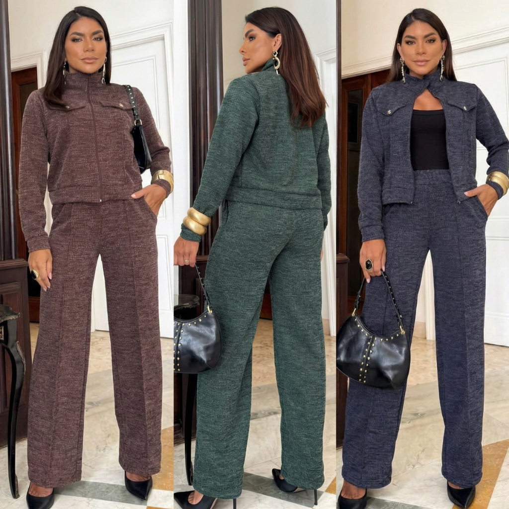 Conjunto Feminino Inverno Elegante com Zíper Calça Pantalona Cintura Alta com Bolsos Roupa de Frio Outono Inverno