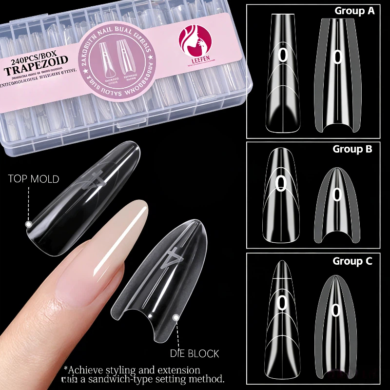 240 Pcs/Box Unhas Postiças Trapezoidais  Moldes Duplos para Alongamento de Unhas Extensão Leefen