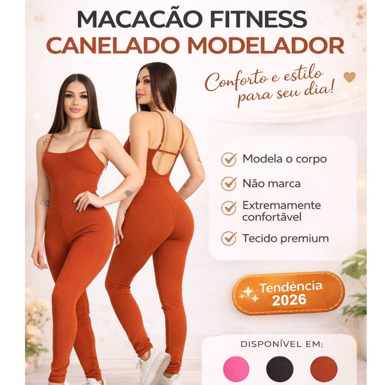 Macacão Fitness Feminino Canelado Modelador Não Marca Confortável Academia Tendência