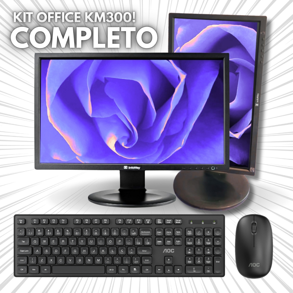 Kit Office Teclado e Mouse Sem FIO + Monitor 19 Polegadas Ajustável HDMI Escritório Trabalho KM300