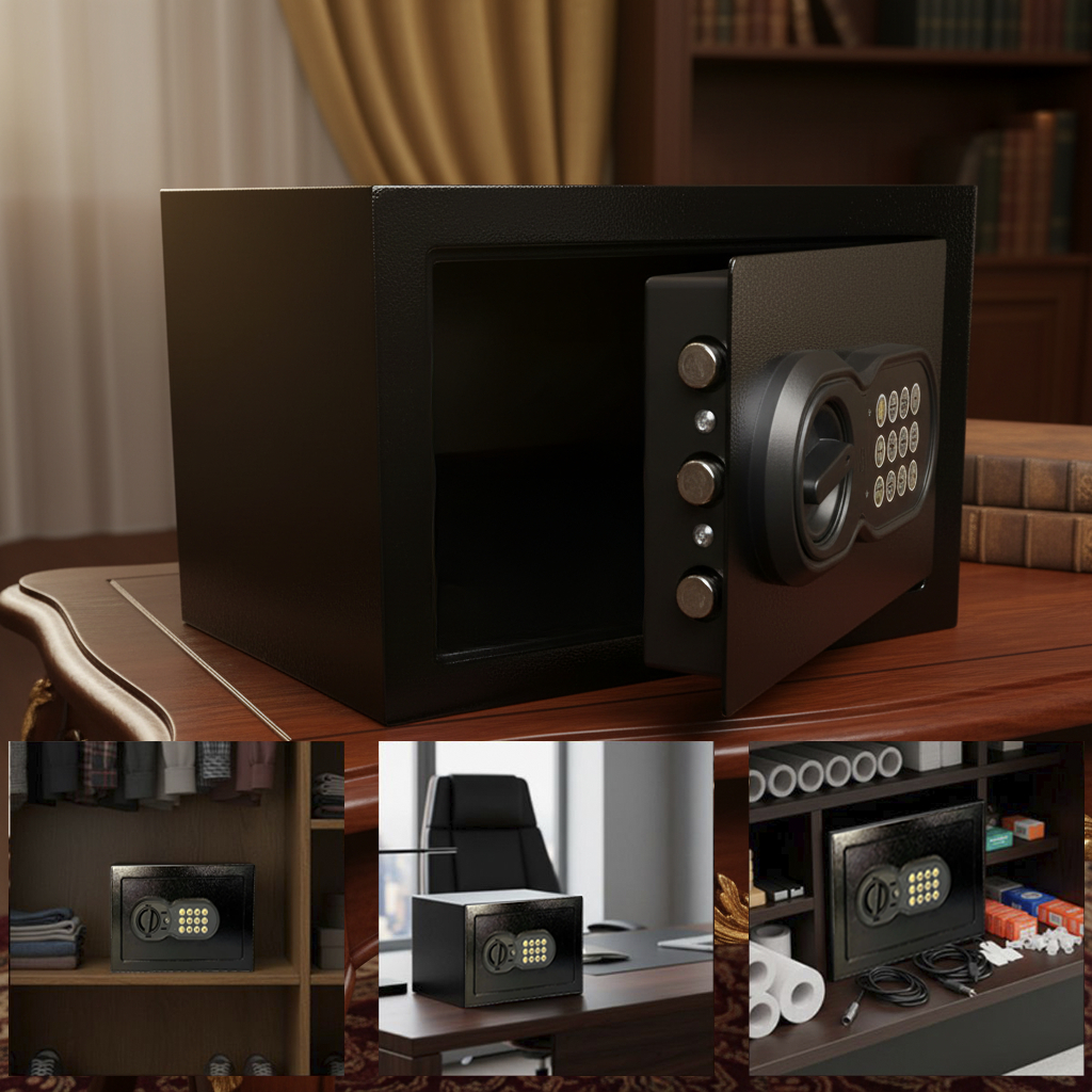 Cofre Eletrônico Digital Escritorio Teclado Senha e Chave 31x20x20 Preto