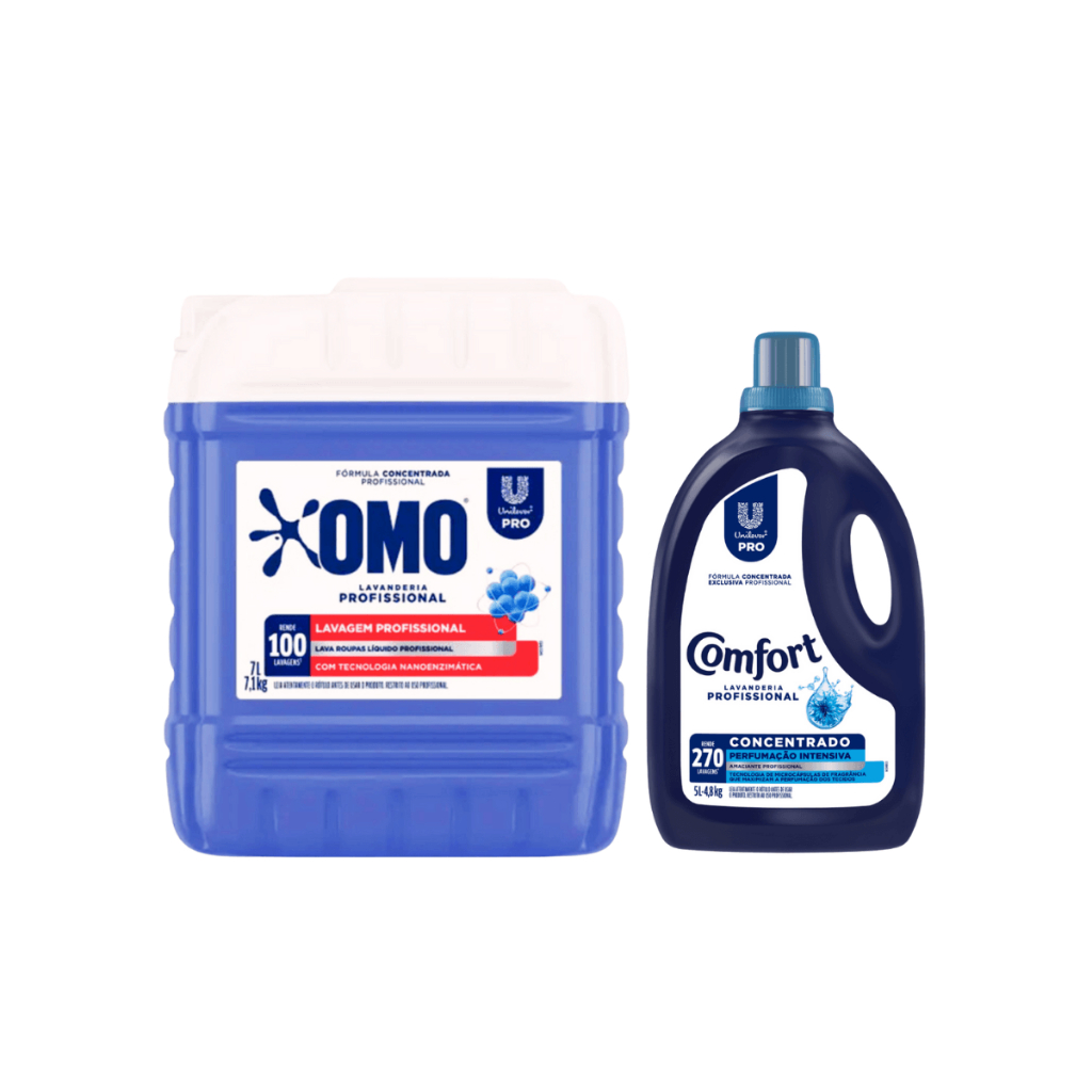 Kit Lava Roupas Líquido Lavanderia Pro 7L Omo + Amaciante Concentrado Profissional 5L Comfort