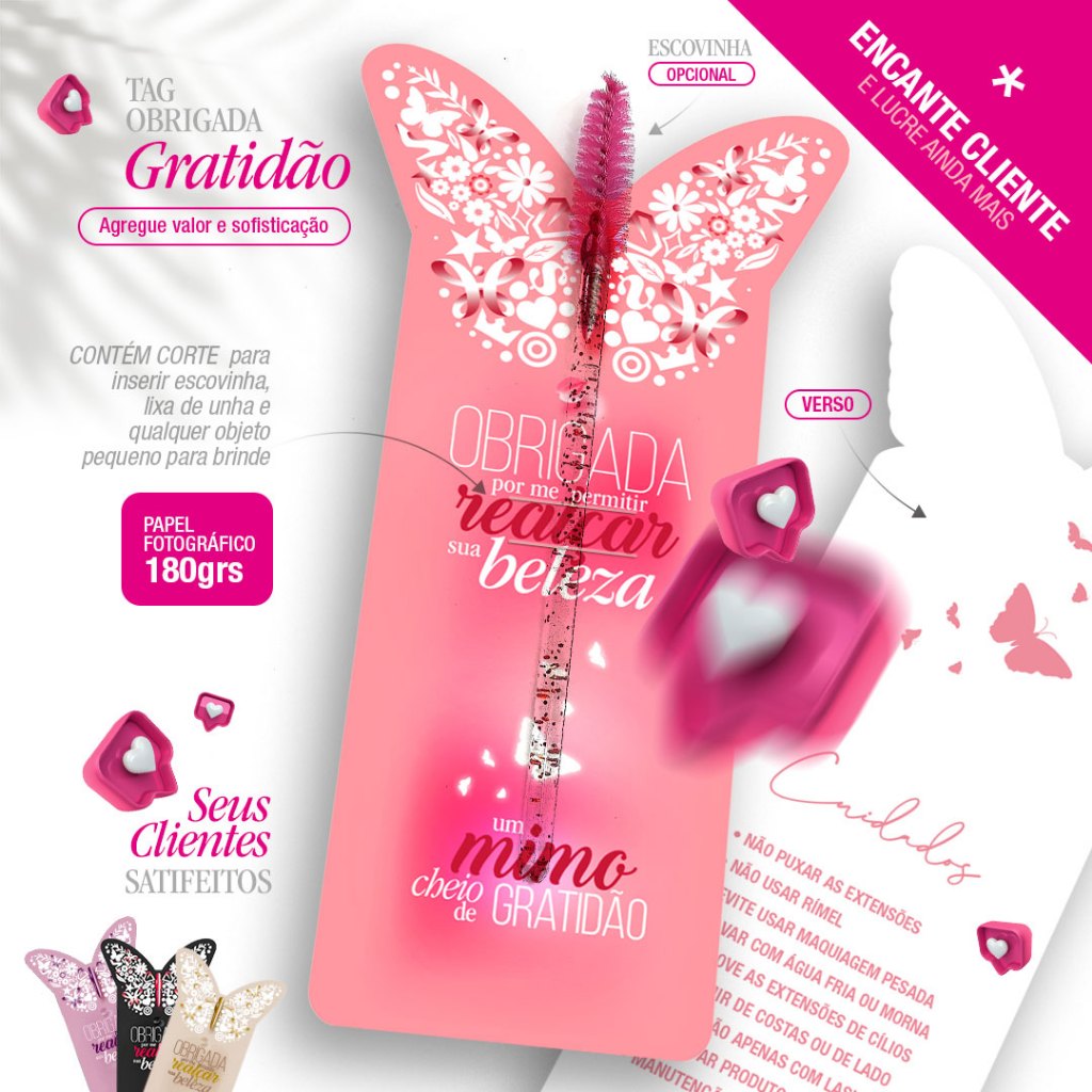 Cartão TAG Borboleta Porta Escovinha Cílios Gratidão Mimo Lash Designer Fidelização Clientes