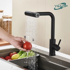 YESOP Torneira Cascata Cozinha Gourmet Monocomando Extensível Aço Inox 304 Fosco Preto Ducha Spray