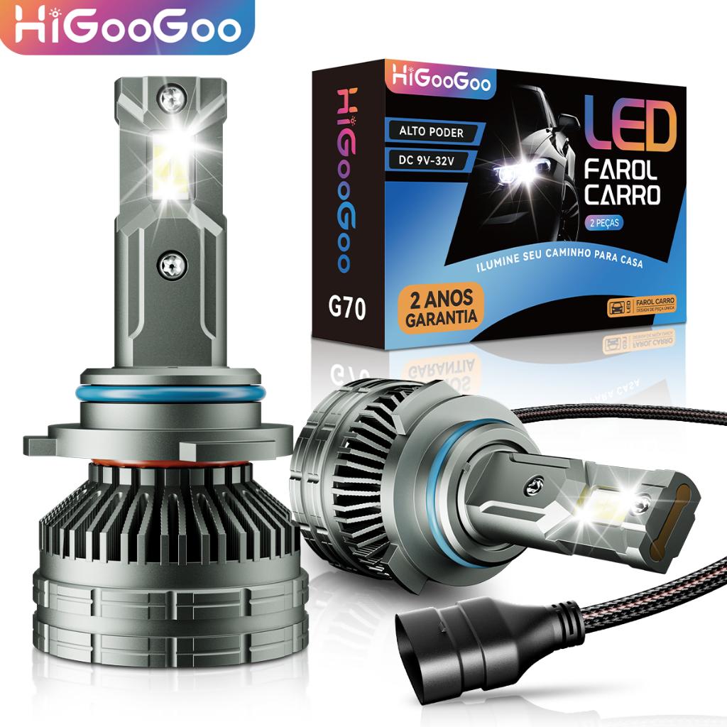 HiGooGoo G70 40000LM Farol De Led Para Carro Lâmpada De Led De Nevoeiro Para H1 H3 H4 H7 H11 H27 9005 9006 6500K 200W em Oferta na Shopee