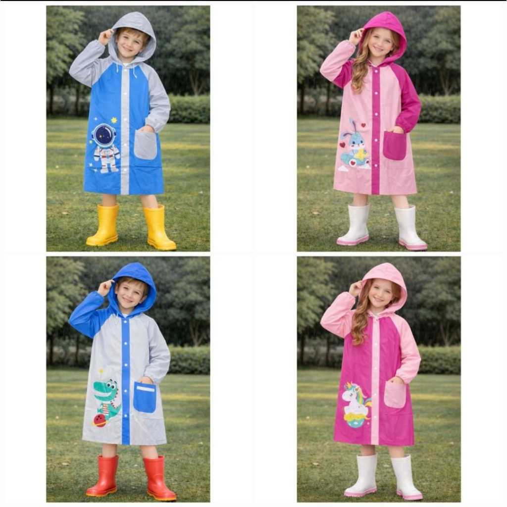 Capa de Chuva Infantil PVC Impermeável com Capuz e Bolso Menino e Menina #CC002E