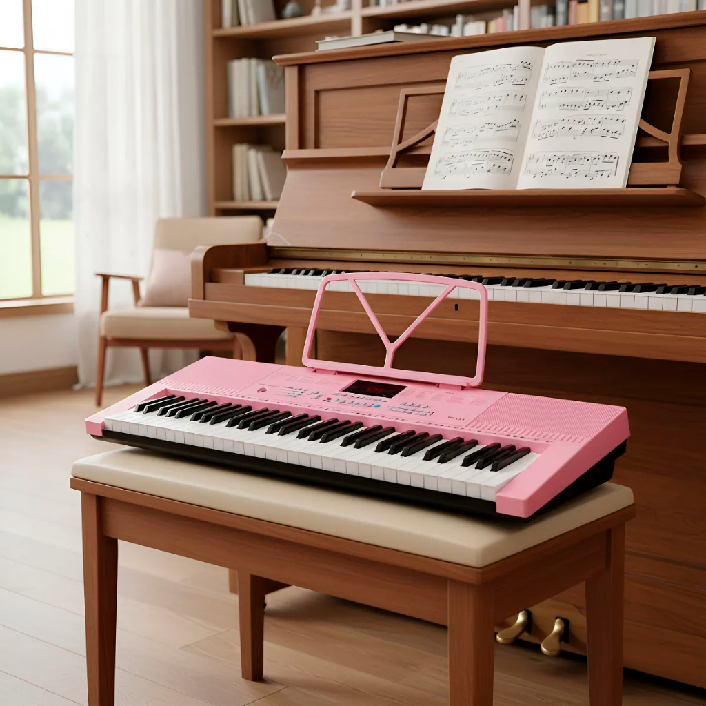 Teclado Musical Piano Iniciante 61 Teclas Eletrônico Rosa