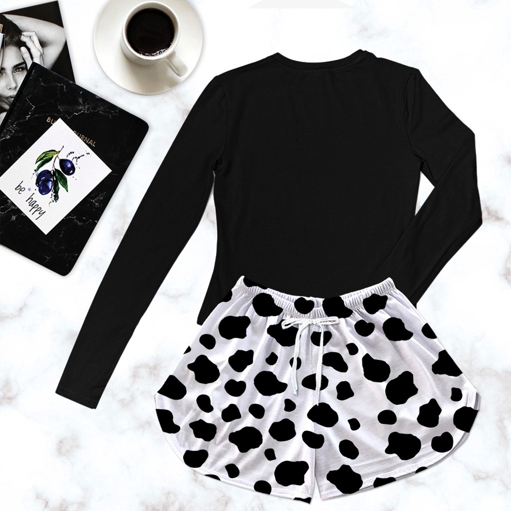 Conjunto Pijama Manga Longa Térmica Peluciada Preta Com Shorts Estampado Vaquinha Preta