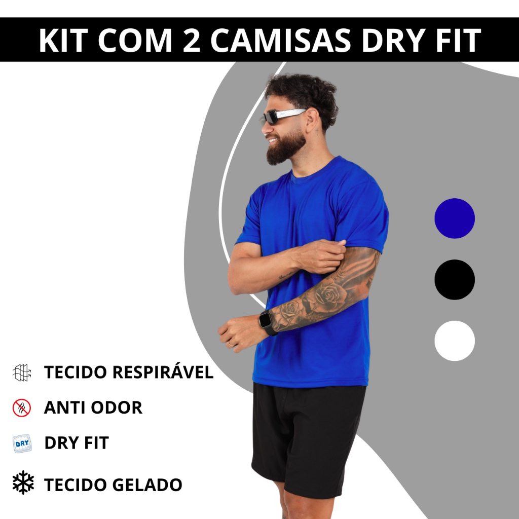 Camiseta Dry Fit Masculina Esportiva Anti Odor | Camisa Academia Treino Fitness Respirável Kit com 2 Camisetas