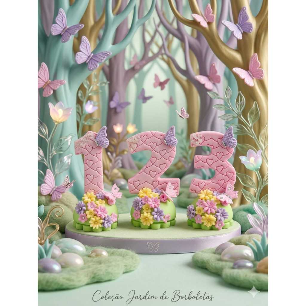 Vela de Aniversário Jardim Encantado em Biscuit - Topo de Bolo Borboletas e Flores