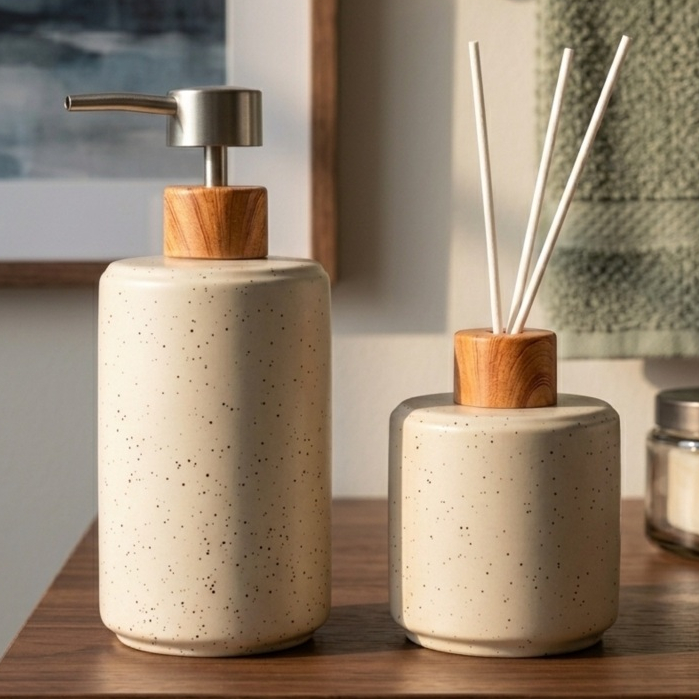 Kit Banheiro Porta Sabonete Liquido + Difusor de Ambiente Aromatizador Elegante Moderno