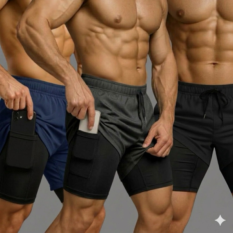Shorts Masculinos 2 em 1 para Academia e Corrida – Conforto Premium com Bolso em Oferta na Shopee