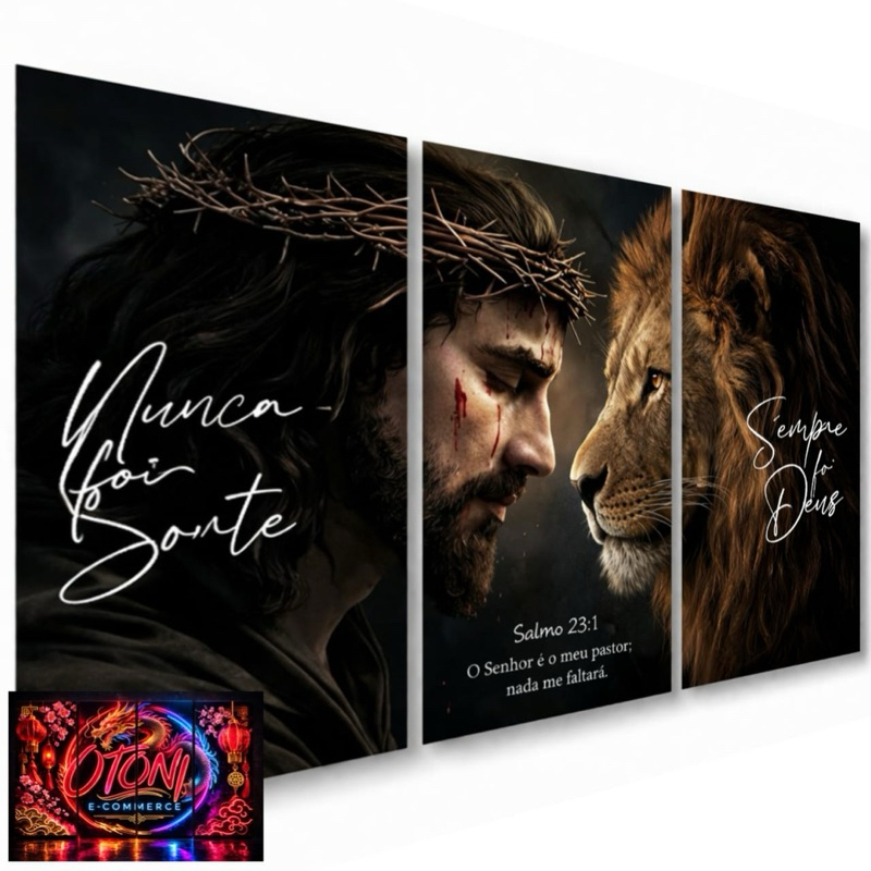 Quadro Decorativo Grande Jesus e Leão De Judá Religioso Nunca Foi Sorte Sempre Foi Deus 3 Peças 122x60